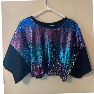 MadRag Wm 2X Sequin Crop Top Iridescent Dolman Sleeve Party Festival Sparkles